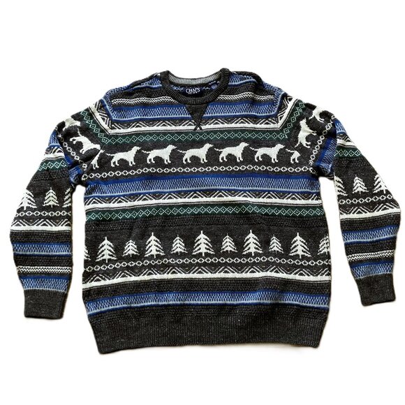 Chaps Holiday Knit Pullover Sweater Dog Fair Isle Grey/Blue CottonBlend Mens XXL - Picture 1 of 6